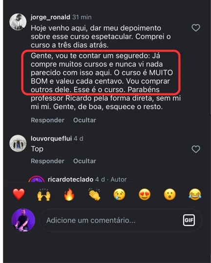Print de comentário de aluno dizendo que comprou muitos cursos e nunca viu nada parecido