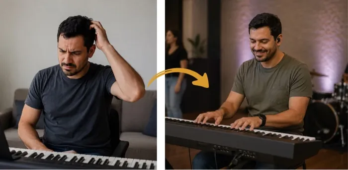 O mesmo tecladista antes e depois: primeiro com a mão na cabeça, frustrado com o som do teclado, depois tocando sorrindo com a banda