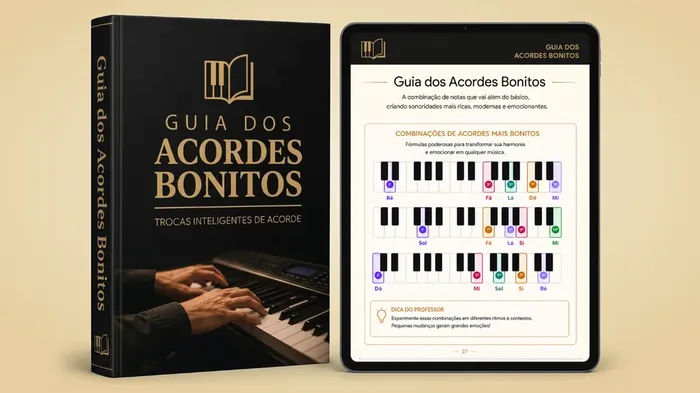 Capa do Guia dos Acordes Bonitos ao lado de um tablet com os teclados desenhados